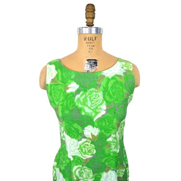 Vintage 1960s Roses Dress Bright Green Floral Print Shift | W 30" - Picture 3 of 5